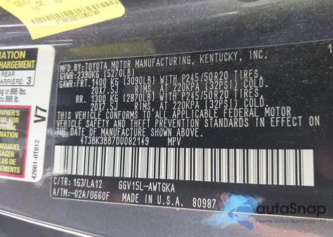 2013 Toyota Venza Limited V6 z USA, uszkodzony, nr VIN 4T3BK3BB7DU082149